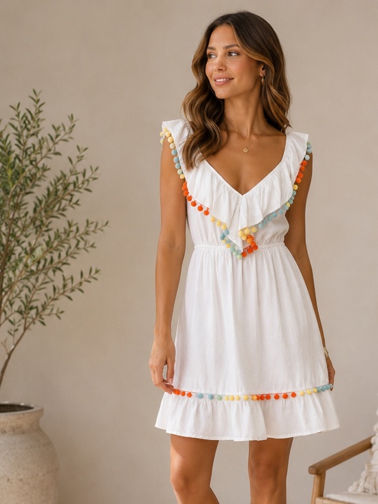 America & Beyond Dresses & Skirts - White Pom-Pom Trim Midi Dress - Casual Summer Style